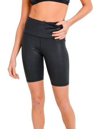 So Sleek Foil Highwaist Biker Shorts  So sleek and glossy! These highwaist biker shorts were constructed using four-way stretch foil print for an extra oomph. The highwaist band offers abs support as well as a discreet pouch on the front for your phone. 