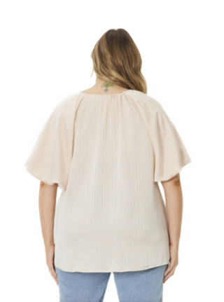 A great addition to your look with this satin, shadow stripe, bubble sleeve top featuring self tie at front neck. Lined. Woven. Non-sheer. Lightweight. Back View 100% Polyester