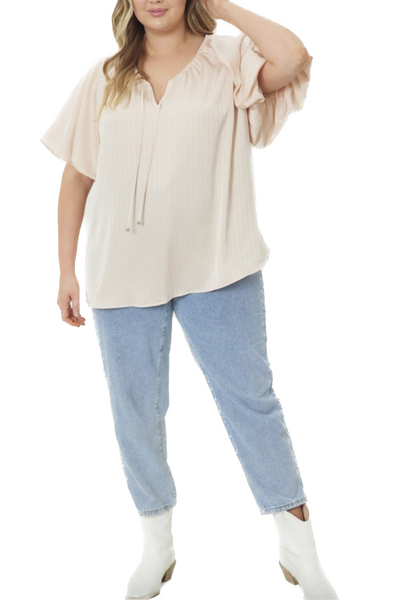 A great addition to your look with this satin, shadow stripe, bubble sleeve top featuring self tie at front neck. Lined. Woven. Non-sheer. Lightweight.  100% Polyester