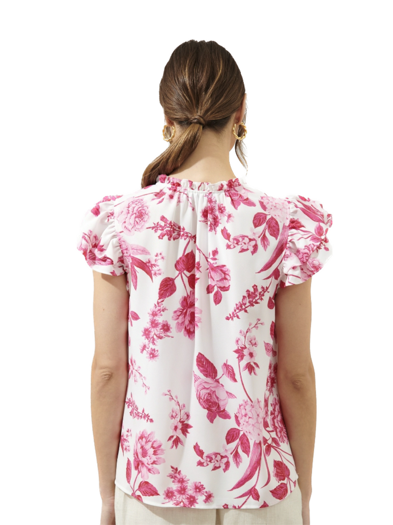 This sweet Spring Time Top features a cap sleeve, notch at the neck and a regular fit. Back View.  100% Polyester   
