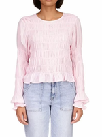 Stay Together Top in Pink  Woven pull-on blouse with smocked bodice and elasticized cuff.  Lightweight and fitted  Brand: Sanctuary Material: 100% Rayon