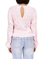 Stay Together Top in Pink  Woven pull-on blouse with smocked bodice and elasticized cuff.  Lightweight and fitted  Brand: Sanctuary Material: 100% Rayon Back
