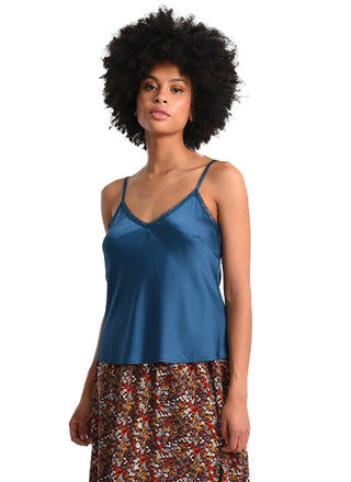 Sweet Talker Cami in Blue  Feminine and delicate camisole made in a satin effect fabric, its V neckline on the front and back and its fluidity play the basic essentials to twist our outfits, fine adjustable straps.