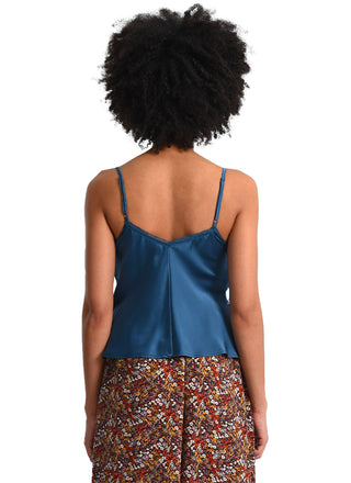 Sweet Talker Cami in Blue  Feminine and delicate camisole made in a satin effect fabric, its V neckline on the front and back and its fluidity play the basic essentials to twist our outfits, fine adjustable straps. Back view. 