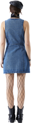 This Taylor Square Denim Neck Dress features elevate black and gold buttons. Back View. Material:  100% Cotton