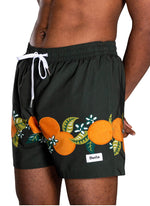 Tropical Orange Swim Short  4 Way-Stretch. They'll be dry before you finish your beer. Elastic mesh liner. Side + back pockets. 15'' Length on size Medium. +/- .5 inch per size.
