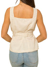 Vanilla Bean Peplum Top  Sleeveless square neck buttoned linen top.  Material: 30% Polyester 30% Rayon 30% Cotton 10% Linen back