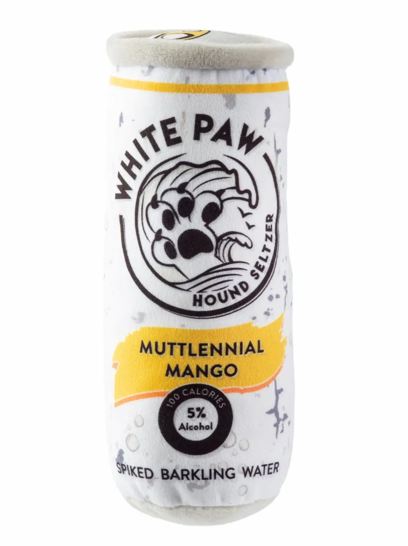 White Paw Dog Toy in Mango  Get your White Paw Muttlenial Mango Hound Seltzer before the next shortage! Our all-time best selling toy is here and it's ready to play! Made with soft plush with fun squeaker inside, this is sure to keep your pup busy or and is the most Instagrammable toy in history! Every Muttlenial needs one.