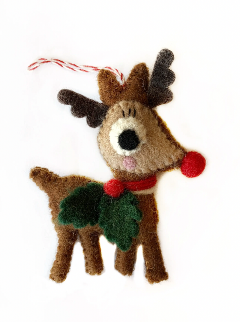 Decked with holly and oh so jolly, this classic Christmas character is ready to light the way as he guides Santa's sleigh. Our felt wool reindeer ornament is handstitched by artisans in Nepal, Asia using colorful sheep wool. popular for their charming and durable designs, felted ornaments are perfect for the toughest toddler or curious critter. 