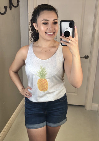 triblend light grey tank with a pineapple 